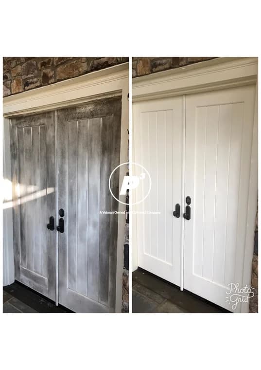 Before-and-after image of double front doors, transformed from a dark weathered gray to a bright clean white finish.
