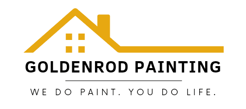This is an image from Goldenrod Painting, located in Nebraska. The logo for Goldenrod Painting features a golden roofline icon above black text with the tagline we do paint, you do life.