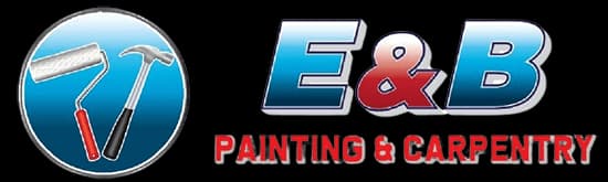 This is the logo of E & B Painting & Carpentry. It features a blue circular emblem with a roller and hammer inside, next to the company’s name in bold blue and red text.