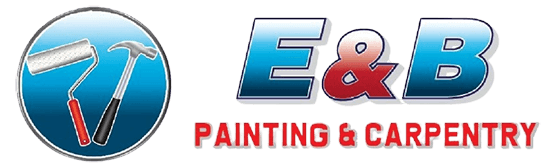 This is the logo of E & B Painting & Carpentry. It features a blue circular emblem with a roller and hammer inside, next to the company’s name in bold blue and red text.