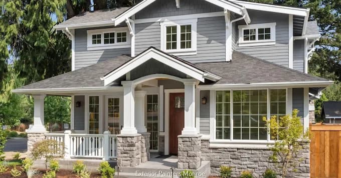 This is an image from Willow Tree Painting & Home Improvement LLC, located in New York. The exterior image features a two-story gray home with white trim, stone accents, and a covered front porch surrounded by landscaping.