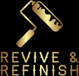 This is an image from Revive and Refinished, located in California. TThe image shows the logo for Revive & Refinish, featuring a gold paint roller icon above elegant gold lettering on a black background.