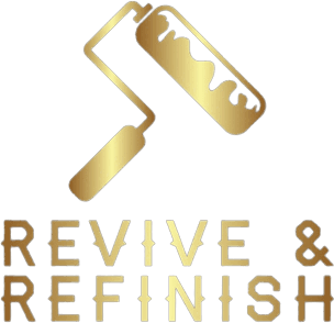 This is an image from Revive and Refinished, located in California. TThe image shows the logo for Revive & Refinish, featuring a gold paint roller icon above elegant gold lettering on a black background.