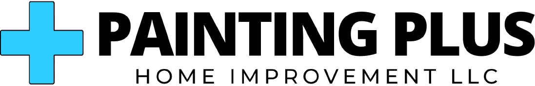 Logo of Painting Plus Home Improvement LLC, featuring a bold blue plus sign alongside the company name in black text, emphasizing their painting and home improvement services.