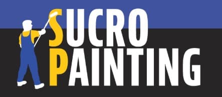 This is an image from Sucro Painting Contractors, located in California. The logo for Sucro Painting Contractors features a painter holding a roller beside bold yellow and white text on a blue and black background.