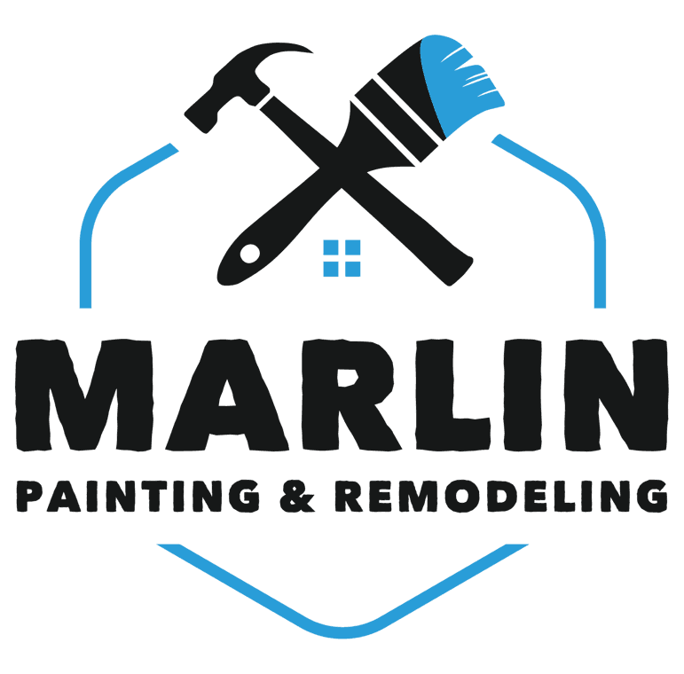 This is an image from Marlin Painting & Remodeling, located in Tennessee. The logo for Marlin Painting & Remodeling features a crossed hammer and paintbrush in black and blue above the company name, with a small blue window icon in the center and clean modern typography.