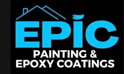 This is an image from Epic Painting & Epoxy Coatings, located in Iowa. The logo for Epic Painting & Epoxy Coatings features bold blue and white text with a roofline graphic, representing professional painting and epoxy coating services.
