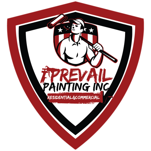 This is an image from Prevail painting Inc, located in California. This is the official logo of Prevail Painting Inc., a professional residential and commercial painting company in California. The logo features a shield emblem with a painter holding a roller, bold red, black, and white colors, and the company name prominently displayed.