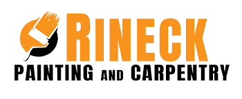 This is an image from Rineck Painting and Carpentry, located in Florida. The logo for Rineck Painting and Carpentry features bold black and orange text with an orange paintbrush icon integrated into the letter R.