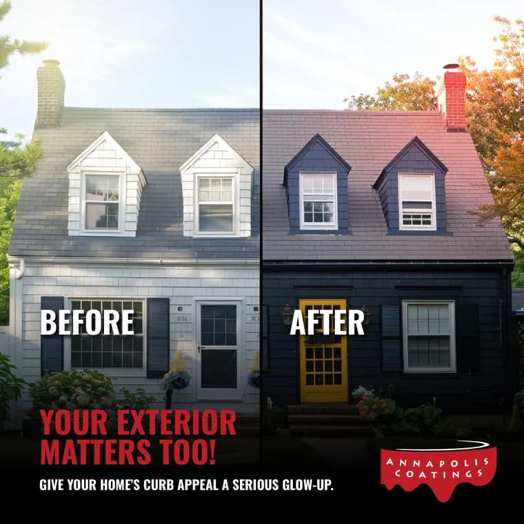 This is an image from Annapolis Coatings, located in Maryland. The photo shows a before-and-after comparison of a home's exterior, with the left side in faded light colors and the right side updated to a dark navy finish with a yellow front door.