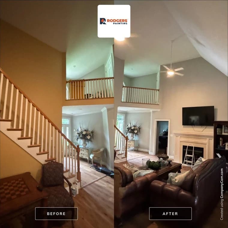 This is an image from Rodgers Painting, located in Kentucky. A before-and-after comparison highlights a repainted living room staircase and walls, updated from beige to a modern light gray finish with white trim.