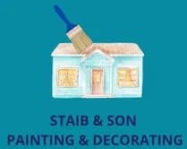 This is an image from Staib & Son Painting & Decorating LLC company, located in Jackson, MI The image is a taib & Son Painting & Decorating logo featuring a blue house with a large paintbrush painting the roof, symbolizing residential painting services.