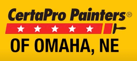 This is an image from CertaPro Painters of Omaha, located in Nebraska. The logo for CertaPro Painters of Omaha features bold black and red text with a row of white stars and a yellow background, symbolizing the professional painting company.