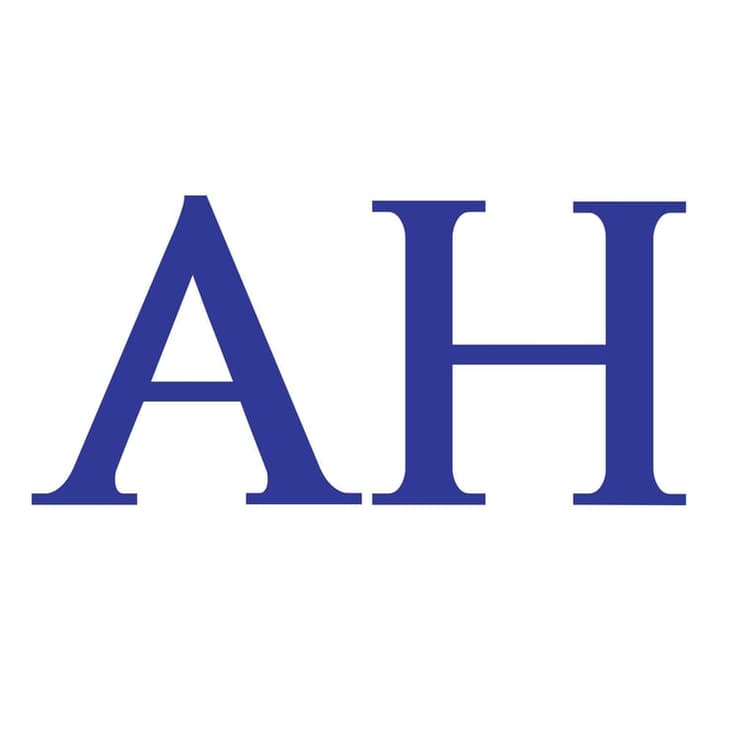This is the logo of AH Painting Services. It features the bold, capitalized letters "AH" in a clean blue font against a white background, representing the company’s professional painting brand identity.