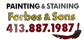 This is an image from Forbes & Sons Painting & Staining, located in Massachusetts. The logo for Forbes & Sons Painting & Staining features bold yellow and white lettering with a red paintbrush graphic and the company phone number displayed prominently