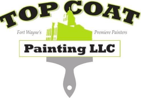 This is an image from Top Coat Painting LLC, located in Indiana. The logo for Top Coat Painting LLC features bold black and green lettering with a paintbrush graphic and city skyline element representing professional residential and commercial painting services.