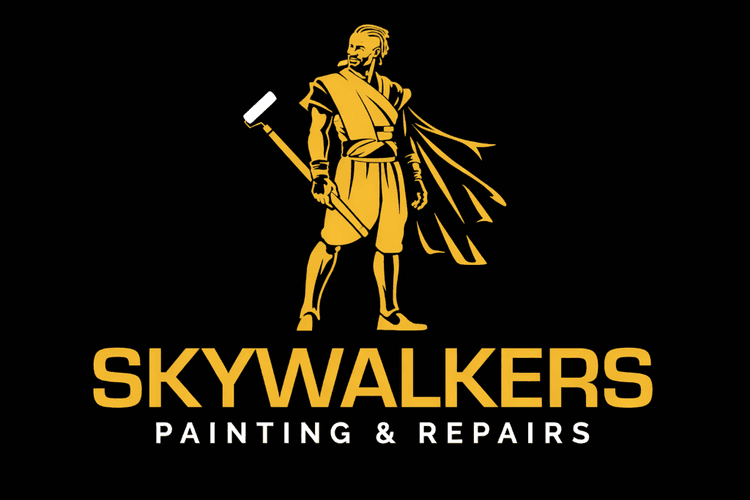 This is an image from Skywalkers Painting & Repairs, located in Ohio. The logo for Skywalkers Painting & Repairs features a bold gold warrior figure holding a paint roller above large gold lettering on a black background.