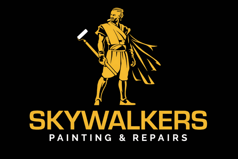 This is an image from Skywalkers Painting & Repairs, located in Ohio. The logo for Skywalkers Painting & Repairs features a bold gold warrior figure holding a paint roller above large gold lettering on a black background.
