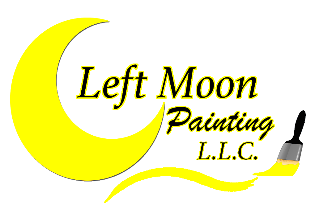 This is an image from Left Moon Painting L.L.C., located in Pennsylvania. The logo for Left Moon Painting L.L.C. features bold black text over a bright yellow background with a crescent moon design and a paintbrush graphic.