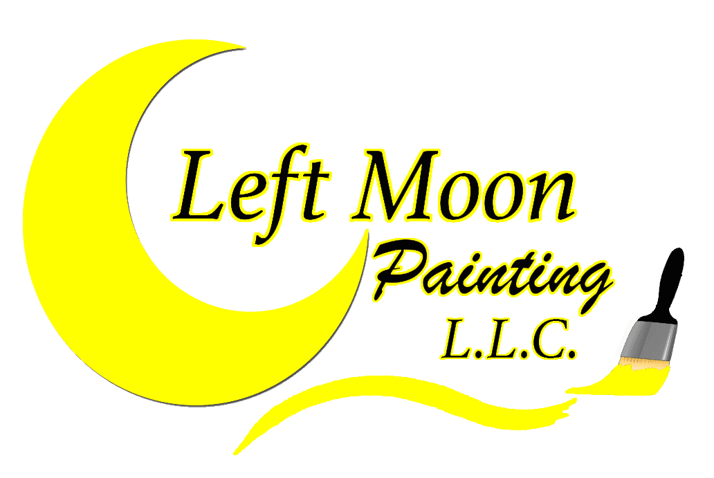 This is an image from Left Moon Painting L.L.C., located in Pennsylvania. The logo for Left Moon Painting L.L.C. features bold black text over a bright yellow background with a crescent moon design and a paintbrush graphic.