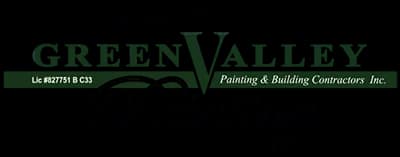 This is an image from Green Valley Painting Inc, located in California. The image shows the logo for Green Valley Painting & Building Contractors Inc., featuring stylized green lettering with a roofline graphic and small text noting the company’s painting and building services.