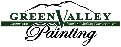This is an image from Green Valley Painting Inc, located in California. The image shows the logo for Green Valley Painting & Building Contractors Inc., featuring stylized green lettering with a roofline graphic and small text noting the company’s painting and building services.