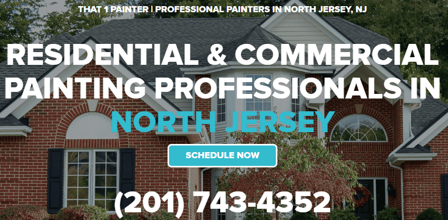 Logo for That 1 Painter North Jersey, highlighting residential and commercial painting services with bold contact details and service area text overlaying a home photo.