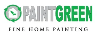 This is an image from PaintGreen, located in California. The logo for PaintGreen features a house silhouette with a leaf inside a circular green arrow design next to the company name in gray and green text.