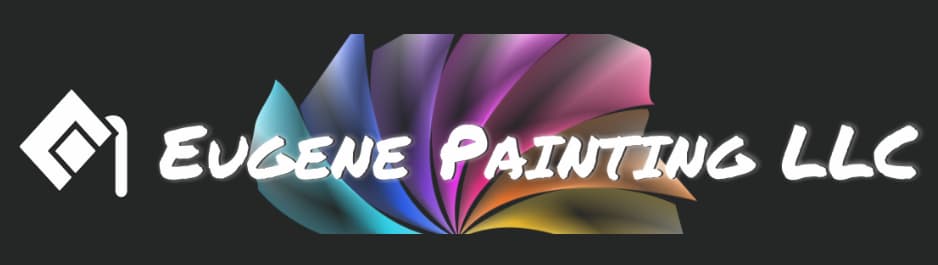 This is an image from Eugene Painting LLC, located in Washington. The logo for Eugene Painting LLC features white brush-style text with a paint roller icon and a colorful fan-shaped paint graphic on a dark background.