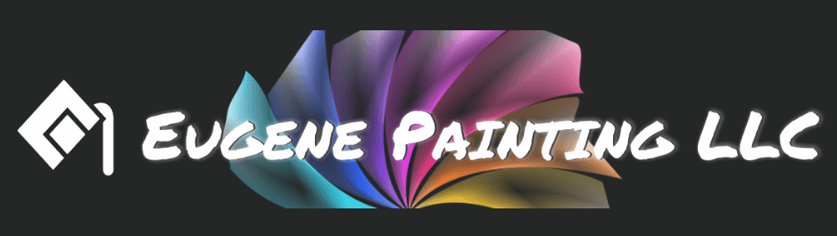 This is an image from Eugene Painting LLC, located in Washington. The logo for Eugene Painting LLC features white brush-style text with a paint roller icon and a colorful fan-shaped paint graphic on a dark background.