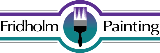 This is an image from Fridholm Painting, located in New York. The logo for Fridholm Painting features a centered paintbrush with a gradient blue-to-purple background and teal and purple horizontal accent lines.