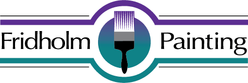 This is an image from Fridholm Painting, located in New York. The logo for Fridholm Painting features a centered paintbrush with a gradient blue-to-purple background and teal and purple horizontal accent lines.