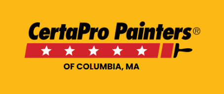 This is an image from CertaPro Painters of Columbia, located in Maryland. The logo for CertaPro Painters features bold black text with red and yellow accents, a paintbrush graphic, and five white stars on a red bar.
