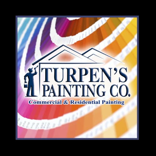 This is an image from Turpen’s Painting Co., located in Indiana. The logo for Turpen’s Painting Co. features stylized roofline graphics with a painter silhouette and multicolor paint swatches in the background, representing commercial and residential painting services.