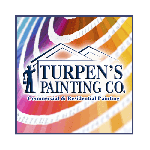 This is an image from Turpen’s Painting Co., located in Indiana. The logo for Turpen’s Painting Co. features stylized roofline graphics with a painter silhouette and multicolor paint swatches in the background, representing commercial and residential painting services.