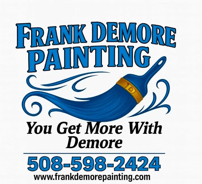 This is an image from Frank Demore Painting & Remodeling, located in Massachusetts. The collage shows freshly painted bathroom interiors with beige and navy walls, bright white trim, updated vanities, and clean modern finishes.