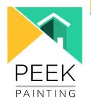 This is an image from Peek Painting, located in California. The image shows the logo for Peek Painting, featuring a stylized white house roof icon on a green background with a yellow geometric shape and black text reading ‘PEEK PAINTING’
