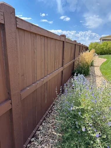 This is an image from Neighborly Fence Staining, LLC company, located in Arvada, CO The image is a long wooden privacy fence freshly stained in rich brown, bordered by decorative rock landscaping and flowering plants, completed by Neighborly Fence Staining