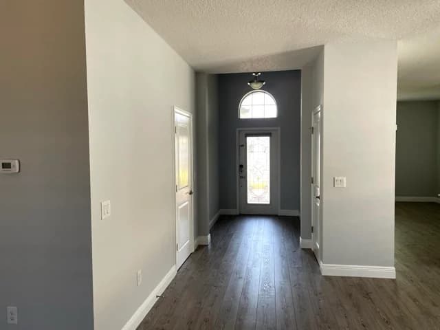 This is an image from TopBrush Painting company, located in Altamonte Springs, FL. The image is an interior entryway with newly painted light gray walls, white trim, wood-style flooring, and decorative glass front door with arched transom window