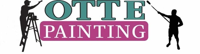This is an image from Otte Painting Inc, located in Indiana. The logo for Otte Painting Inc features bold teal and purple text with black painter silhouettes on ladders and using rollers, representing professional residential and commercial painting services.