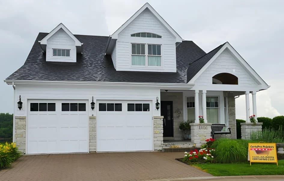 Exterior painting by CertaPro Painters of Plainfield in Plainfield, Illinois. The image shows a white home with stone accents and black roofing.