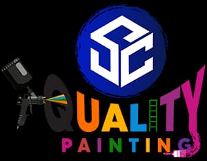 This is an image from SC Quality Painting, located in Indiana. The logo for SC Quality Painting features a modern blue shield-style emblem with stylized initials and colorful paint drip accents representing professional painting services.
