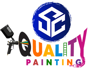 This is an image from SC Quality Painting, located in Indiana. The logo for SC Quality Painting features a modern blue shield-style emblem with stylized initials and colorful paint drip accents representing professional painting services.