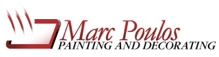 This is an image from Marc Poulos Painting & Decorating company, located in Arlington Heights, IL The image is a Marc Poulo Painting logo with stylized red brush strokes forming the initials M and P, representing professional residential and commercial painting services.