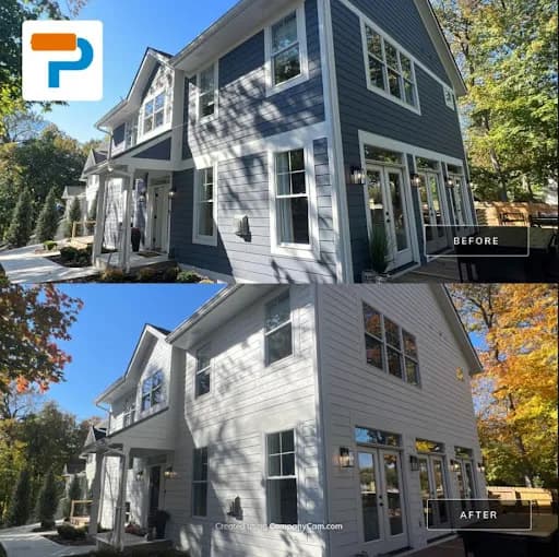 This is an image from Painter1 of Tulsa, located in Oklahoma. The before-and-after exterior comparison shows a two-story home updated from dark gray siding to a light modern finish with crisp white trim and refreshed detailing