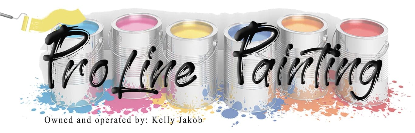 This is an image from ProLine Painting company, located in Antioch, IL The image is a ProLine Painting logo with paint roller and colorful paint cans, owned and operated by Kelly Jakob, professional painting company