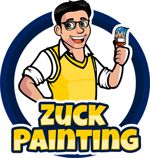 This is the logo for Zuck Painting. It features a smiling cartoon painter holding a brush with blue paint, wearing glasses and a yellow vest, with bold text below that reads "Zuck Painting."