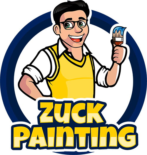 This is the logo for Zuck Painting. It features a smiling cartoon painter holding a brush with blue paint, wearing glasses and a yellow vest, with bold text below that reads "Zuck Painting."