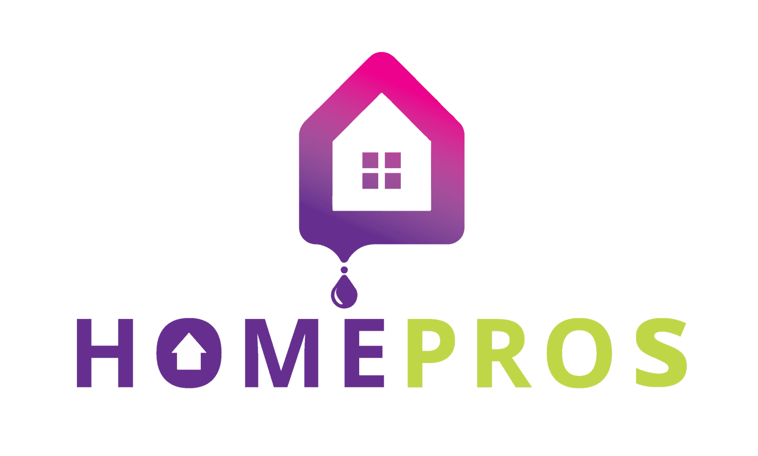 This is an image from Home Pros Painting And Home Repairs. The image shows the HomePros logo featuring a stylized house icon in a purple-to-pink gradient with a paint droplet below it, paired with the text “HOMEPROS” in bold purple and lime lettering.