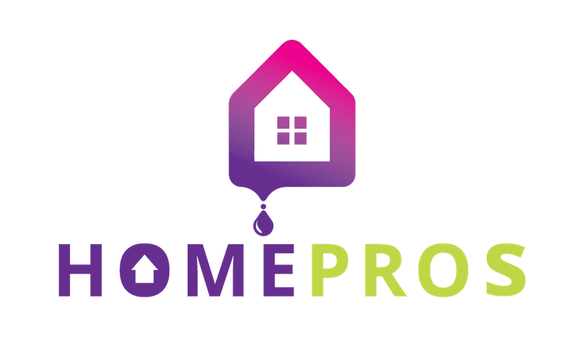 This is an image from Home Pros Painting And Home Repairs. The image shows the HomePros logo featuring a stylized house icon in a purple-to-pink gradient with a paint droplet below it, paired with the text “HOMEPROS” in bold purple and lime lettering.